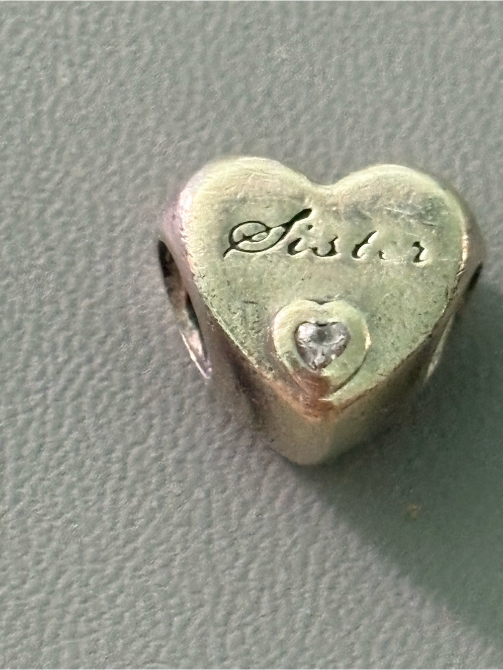 Pandora Silver 'Sister' Heart Charm with Clear Stone Accent